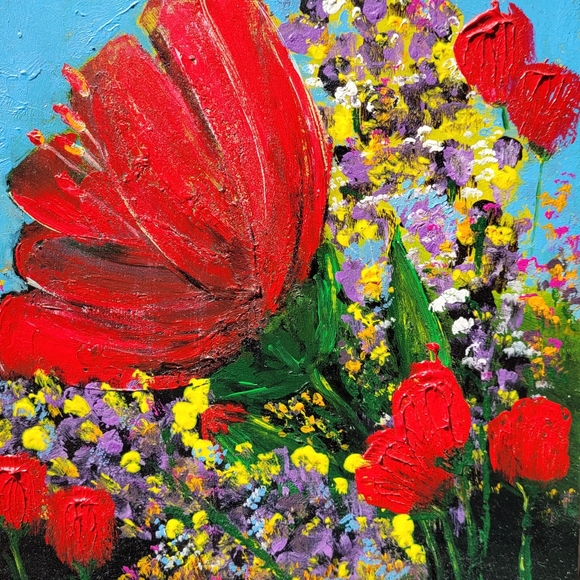 Original Red Poppy Flower Acrylic Painting on Upcycled Square Wood Board - Picture 12 of 13